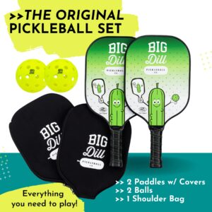 Big Dill Pickleball Original Pickleball Paddles Set of 2 USAPA Approved Pickleball Paddle Set | 2 Carbon Fiber Paddles with Covers, 2 Outdoor Pickleball Balls & Bag for Pickle Ball Paddle Set