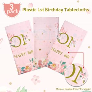 3 Pieces 1st Birthday Party Tablecloth Floral One First Birthday Table Cover Flower Disposable First Birthday Plastic Tablecloth for Kids Birthday Baby Shower Party Decoration Supplies, 54 x 108 Inch