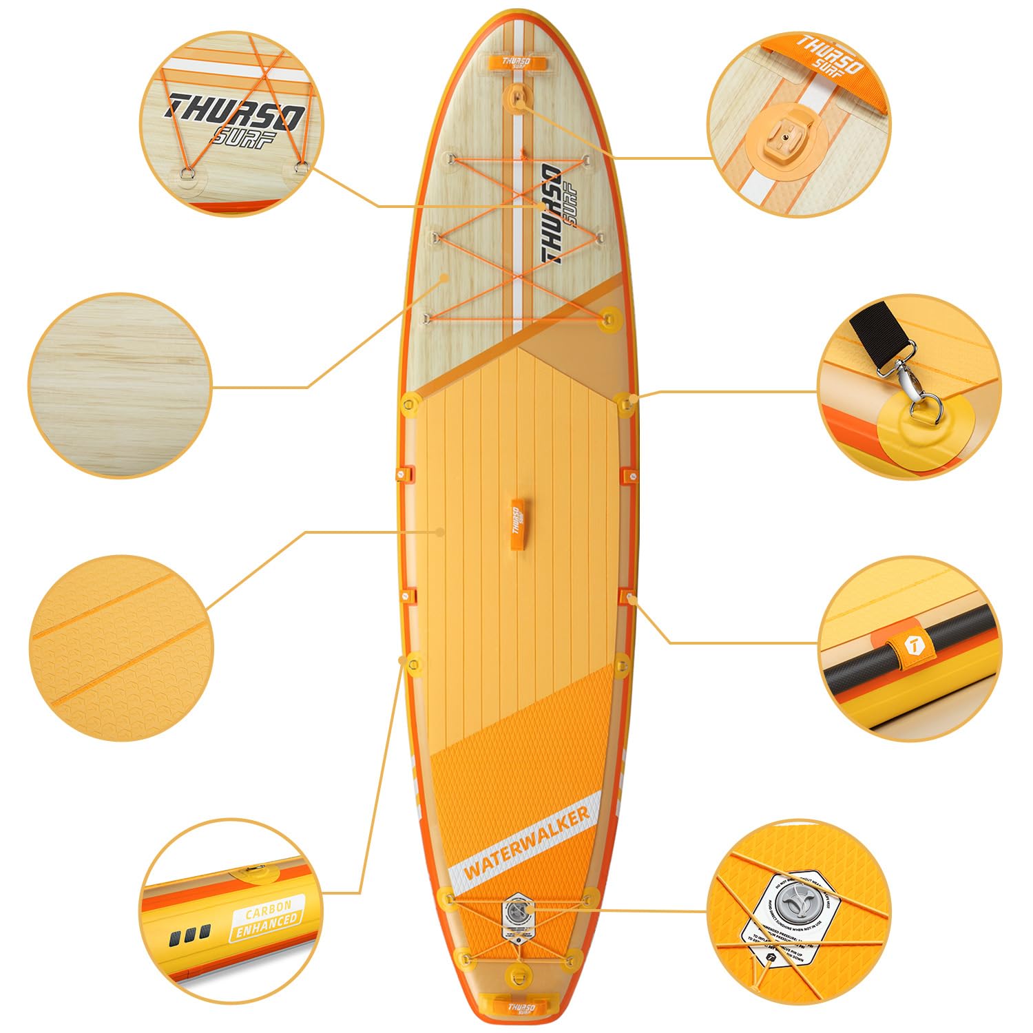 THURSO SURF Inflatable Stand Up Paddle Board All-Around SUP Waterwalker 126 10'6×31''×6'' Deluxe Package | Carbon Shaft Paddle | Roller Backpack | Dual Chamber Pump | Coiled Leash (Tangerine)