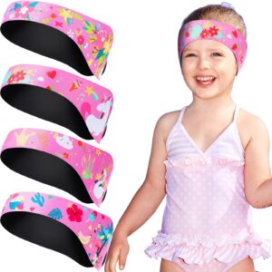 HESTYA Swimming Headband for Kids, 4 Pieces Adjustable Neoprene Swim Band Ear Protection, Cute Cartoon Head Ear Bands (Swan, Flamingo, Flower, Unicorn)