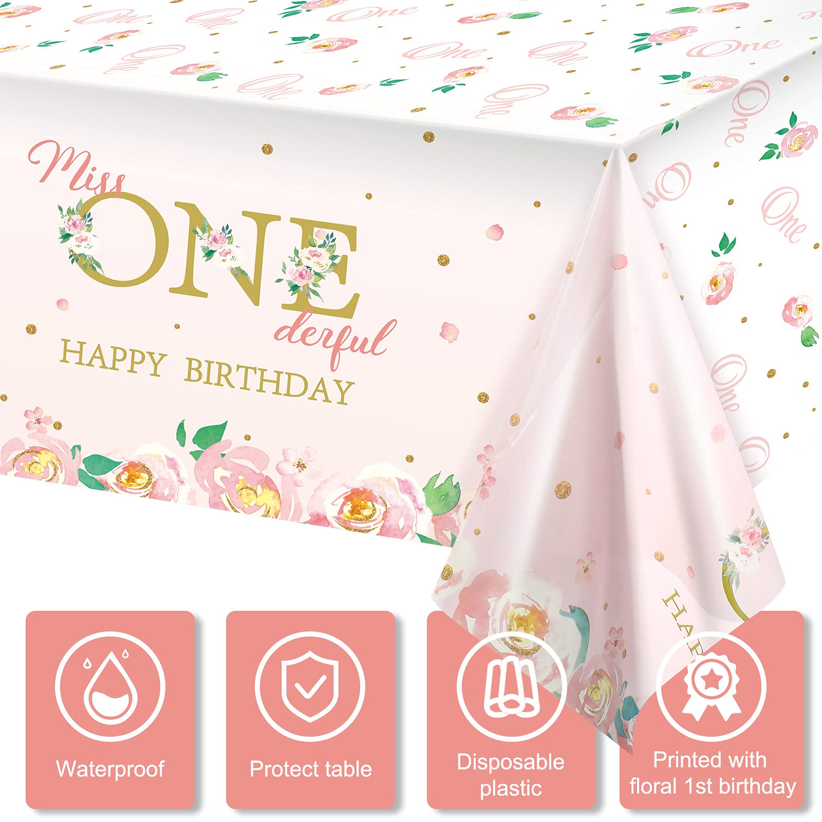 3 Pieces 1st Birthday Party Tablecloth Floral One First Birthday Table Cover Flower Disposable First Birthday Plastic Tablecloth for Kids Birthday Baby Shower Party Decoration Supplies, 54 x 108 Inch