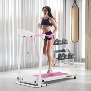 GYMAX Foldable Treadmill, Freestanding Easy Assembly Folding Treadmill with 12 Preset Programs, LCD Monitor, Built-in Wheels & Pulse Sensor, Portable Compact Running Machine for Small Space (Pink)