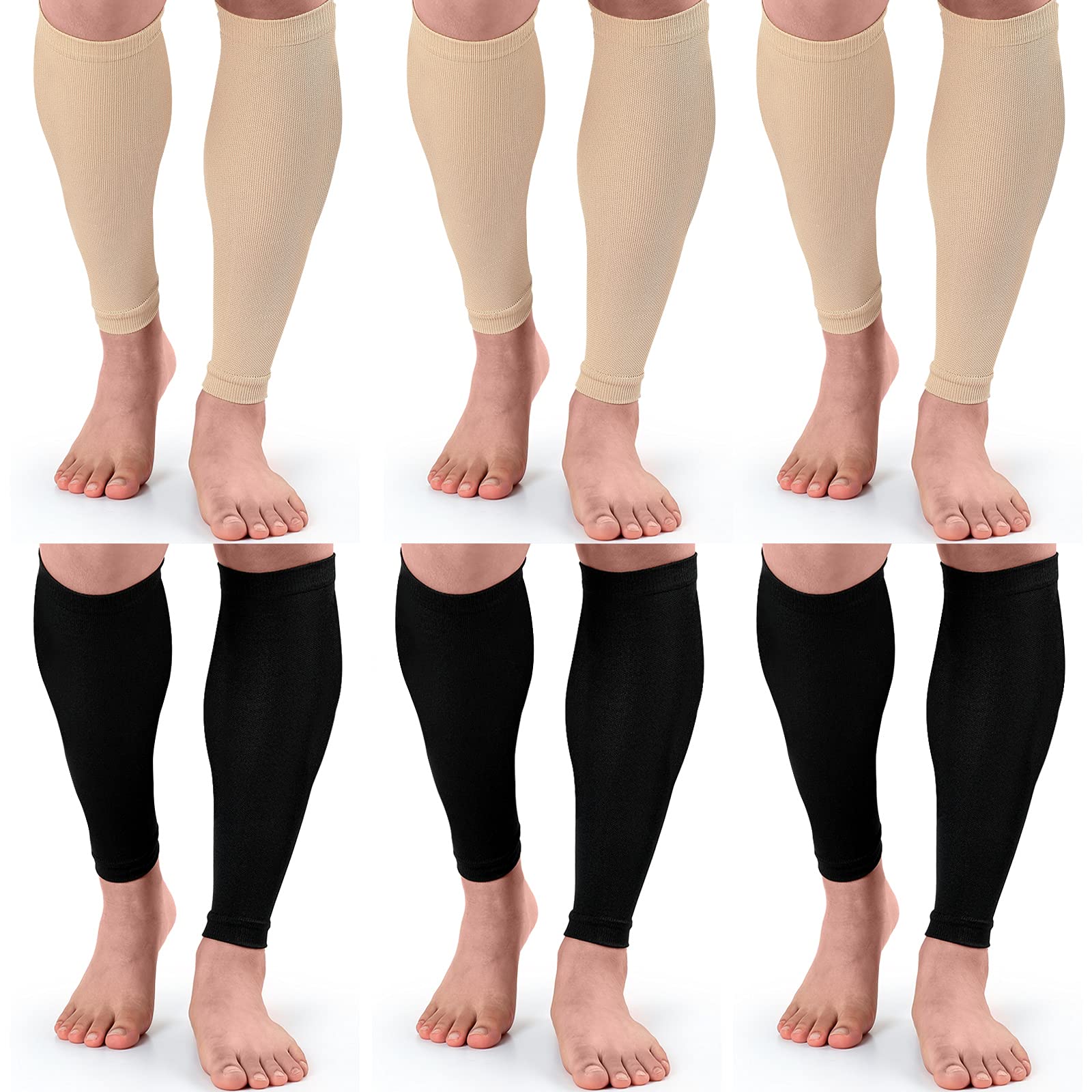 Coume 6 Pairs Calf Compression Sleeve Men and Women Footless Compression Socks for Leg Support, Shin Splints, Pain Relief (Black and Beige,Small/Medium)