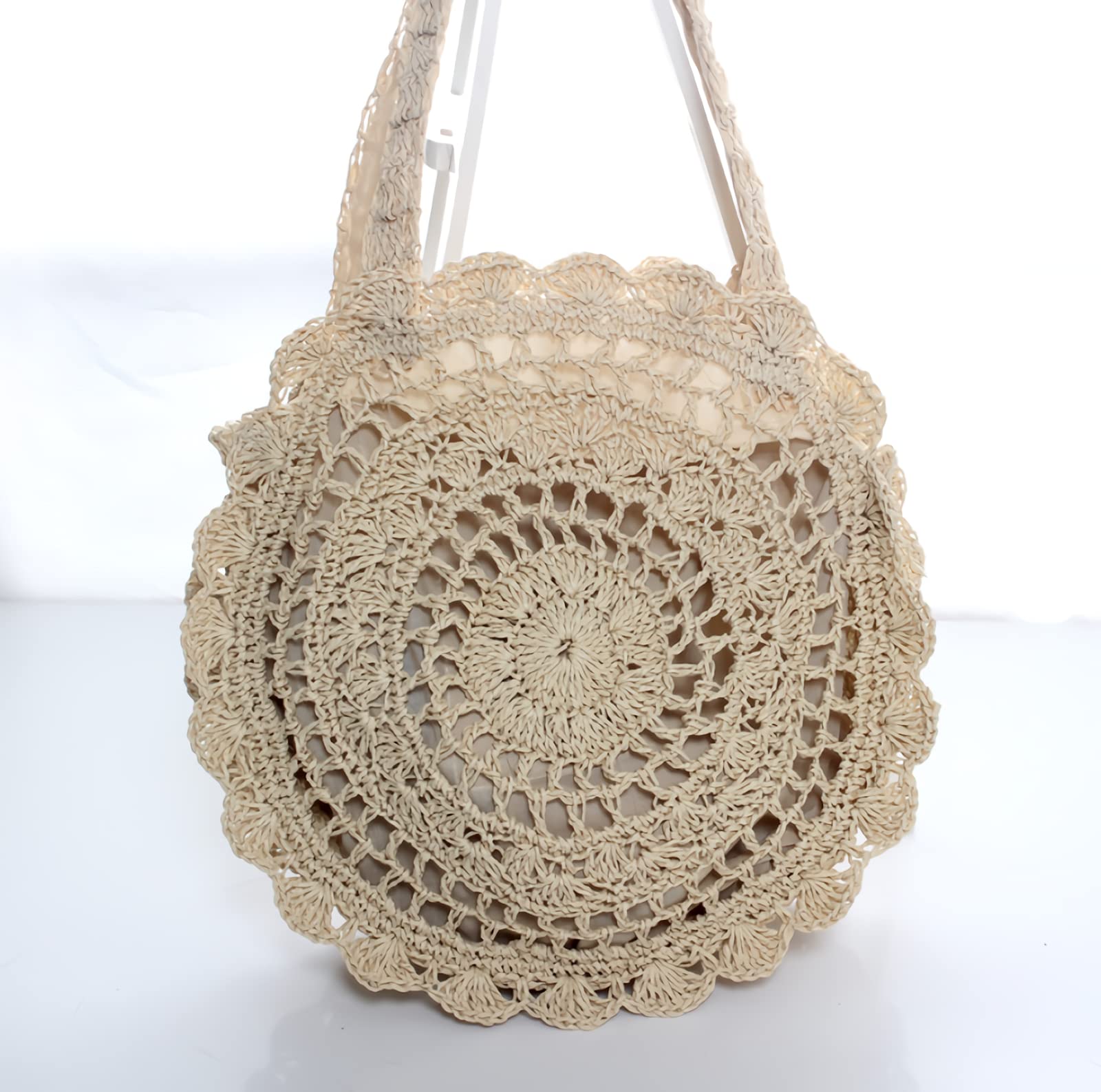 GK-O Lady Straw Tote Bags Round Handbag Crochet Wicker Rattan Boho Woven Beach Summer (Beige)