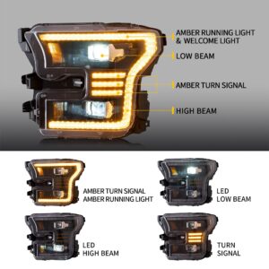 VLAND LED Headlights Compatible For [2015-2017 Ford F150 XL, XLT, Lariat, King Ranch, Platinum, Limited] With Dynamic Amber DRL & Turn Signal Lights, (Factory Halogen ONLY)