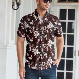 ETHANOL Men Classic Slim Fit Woven Short Sleeve Wrinkle Resistant Print Shirt MSTL46568-2444BRG Dark RED XL