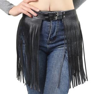 Ayliss Women Punk Waist Belt Tassel Fringe Skirt Belt Vintage PU Leather Waistband Belt Rocker Dance Performance Costume (Black #1)