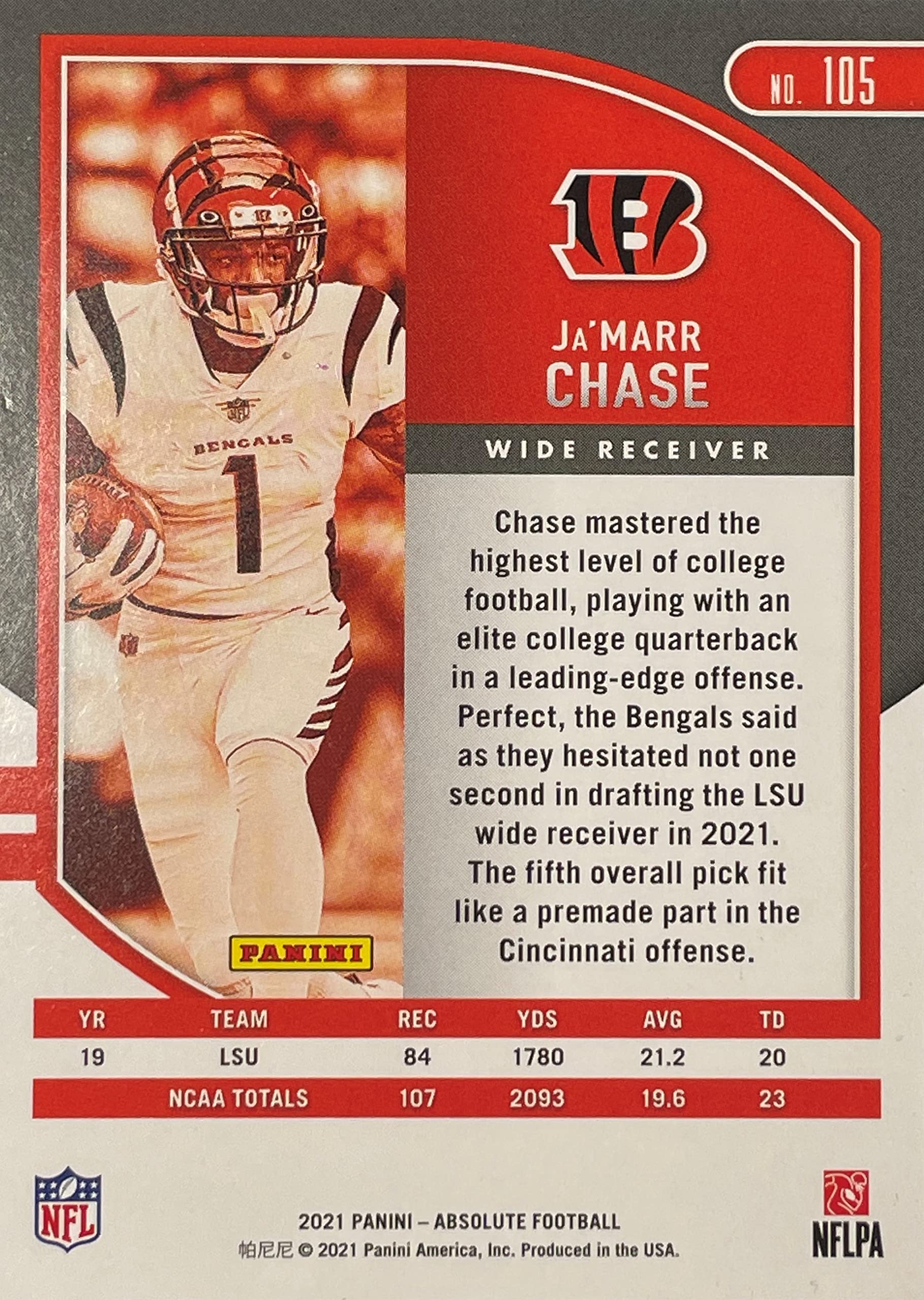 NEW 2021 Panini Absolute Ja'MARR CHASE Football ROOKIE Card - Cincinnati Bengals