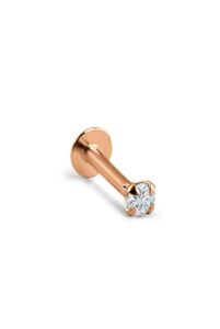 14k rose gold threadless push pin labret nose ring stud 1/4" 6mm post 2mm clear cz 18g