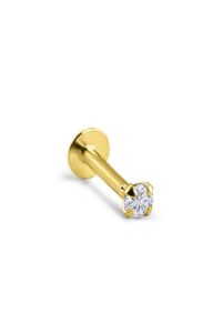 nose ring bling 14k yellow gold threadless push pin labret nose ring stud 3/8 inch 9mm post 3mm clear cz 18g f5652-3mm-yg-18g-3/8