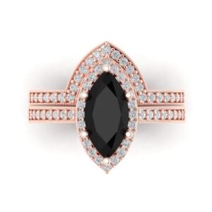 2.16ct Marquise Cut Halo Solitaire Natural Black Onyx Engagement Promise Anniversary Bridal Ring Band set 18K Rose Gold 3.5