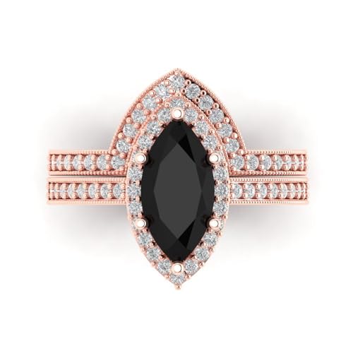 2.16ct Marquise Cut Halo Solitaire Natural Black Onyx Engagement Promise Anniversary Bridal Ring Band set 18K Rose Gold 3.5