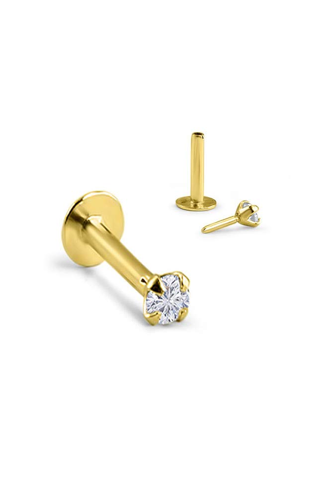 Nose Ring Bling 14k Yellow Gold Threadless Push Pin Labret Nose Ring Stud 3/8 inch 9mm Post 3mm Clear CZ 18G F5652-3mm-YG-18G-3/8