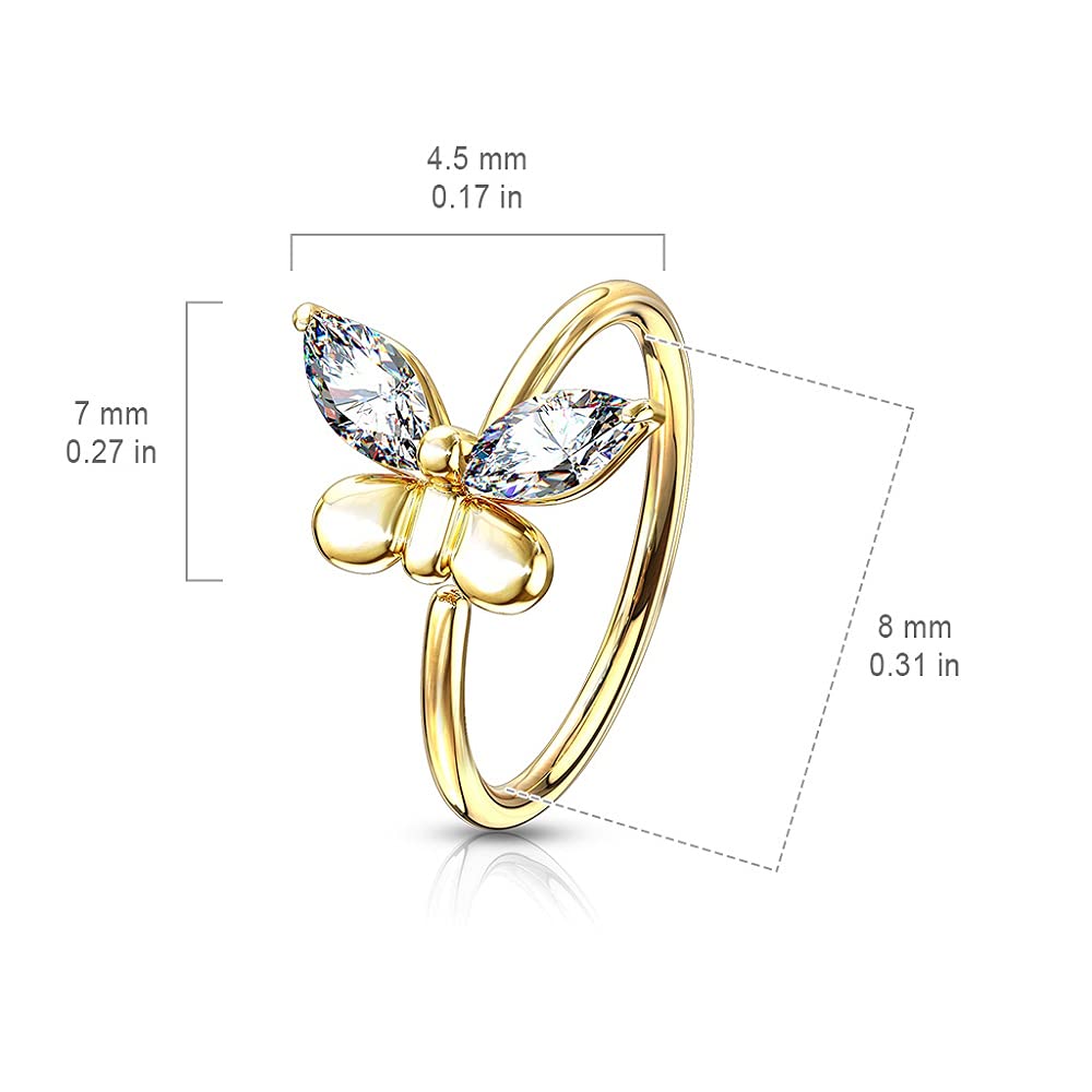 Pierced Owl 20GA CZ Crystal Butterfly Bendable Annealed Nose Cartilage Ring (Gold Tone)