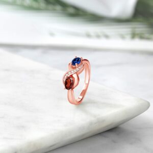 Gem Stone King 18K Rose Gold Plated Silver Personalized and Customized 2-Stone 6X4MM Oval Gemstone Birthstone and White Created Sapphire Anniversary Promise Ring For Women (Size 5)