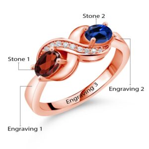 Gem Stone King 18K Rose Gold Plated Silver Personalized and Customized 2-Stone 6X4MM Oval Gemstone Birthstone and White Created Sapphire Anniversary Promise Ring For Women (Size 5)