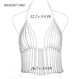 Aiosy Rhinestone Body Chain Silver Sexy Bikini Bra Chain Rave Outfits Body Accessories Jewelry for Women and Girls