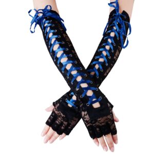 jisen womens fingerless gloves elbow lace up steampunk costume arm warmer nylon royal blue