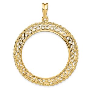 roy rose jewelry gold coin pendant mounting - 32.7mm coin size - scrollwork filigree with rope edge frame design - 14k yellow gold - prong set with bail