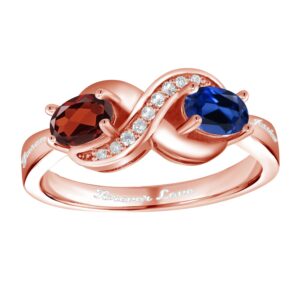 Gem Stone King 18K Rose Gold Plated Silver Personalized and Customized 2-Stone 6X4MM Oval Gemstone Birthstone and White Created Sapphire Anniversary Promise Ring For Women (Size 5)