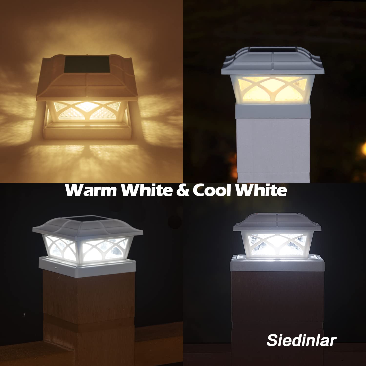 SIEDiNLAR Solar Post Cap Lights Outdoor Glass 2 Color Modes 8 LEDs for 4x4 5x5 6x6 Posts Fence Deck Patio Decoration Warm White & Cool White Lighting White (4 Pack)