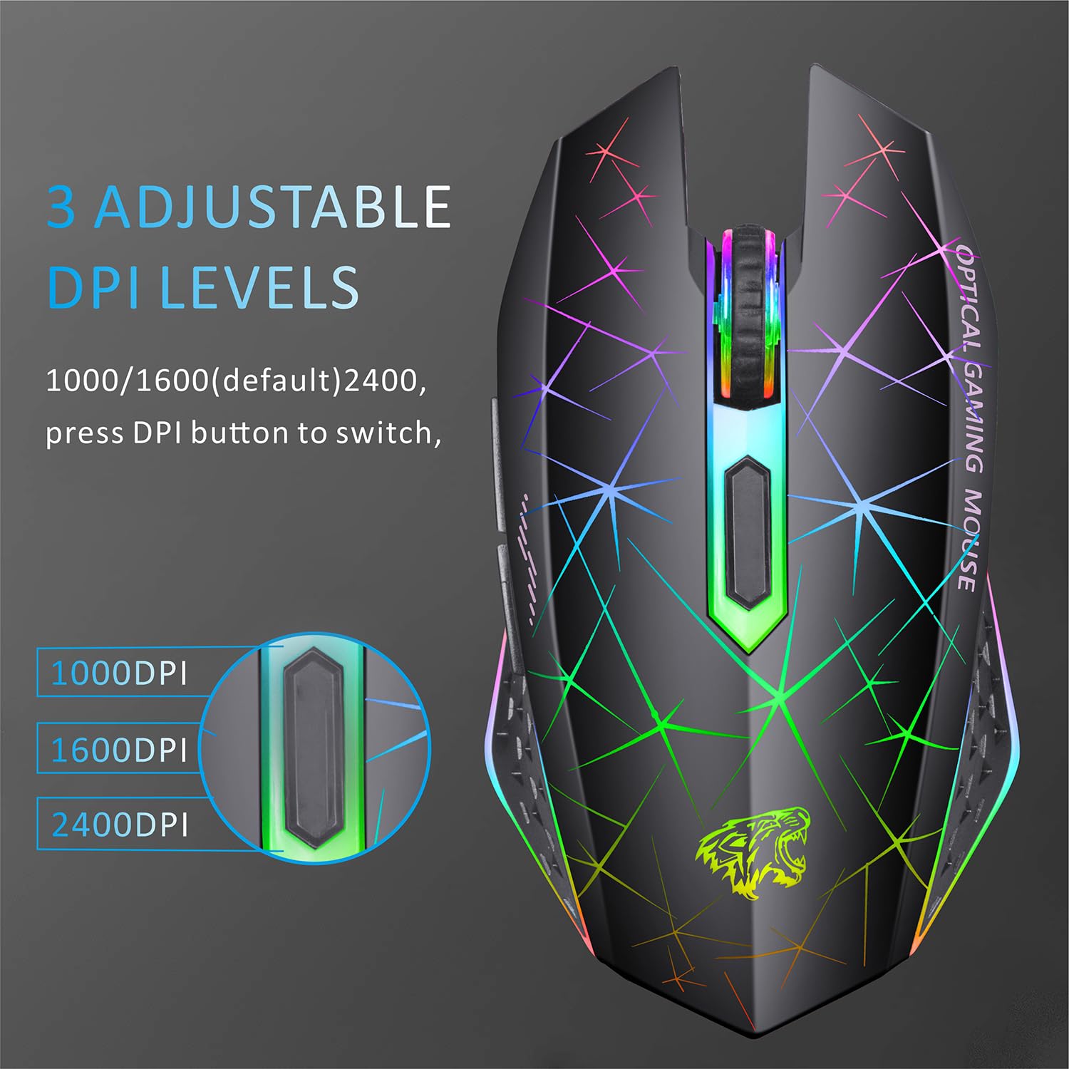 TENMOS V7 Wireless Gaming Mouse, Rechargeable LED Wireless Mouse Silent Optical Rainbow USB Computer Mice for Laptop PC (Black)