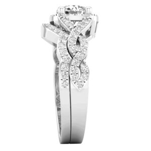 Dazzlingrock Collection 5.8 mm Round Lab Created White Sapphire & Natural White Diamond Women Twisted Style Halo Wedding Ring Set, Sterling Silver, Size 7