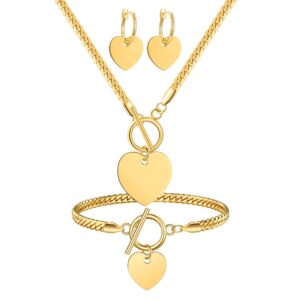 CLASSYZINT Heart Pendant Necklace and Bracelet Heart Hoop Dangle Earrings 14k Gold Plated Stainless Steel Gold Jewelry Set for Women