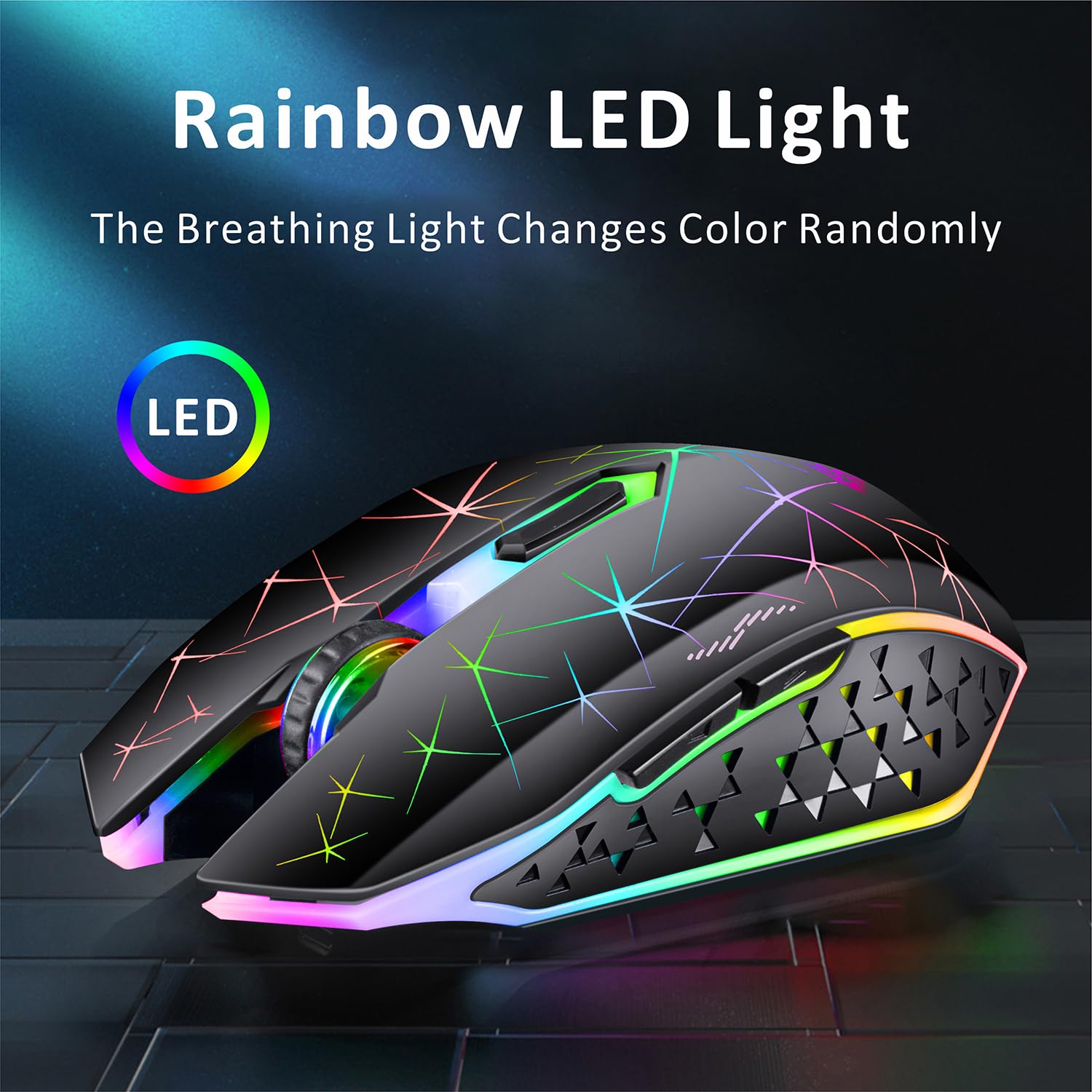 TENMOS V7 Wireless Gaming Mouse, Rechargeable LED Wireless Mouse Silent Optical Rainbow USB Computer Mice for Laptop PC (Black)