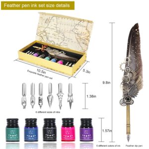 NC Feather Quill Pen Set - Includes 5 Ink Bottles, 6 Nibs, Mechanical Quill Pen for Calligraphy, Writing Letters, Signing, Invitations Etc (Grey)