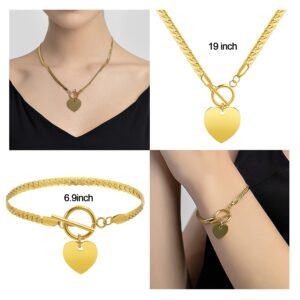 CLASSYZINT Heart Pendant Necklace and Bracelet Heart Hoop Dangle Earrings 14k Gold Plated Stainless Steel Gold Jewelry Set for Women