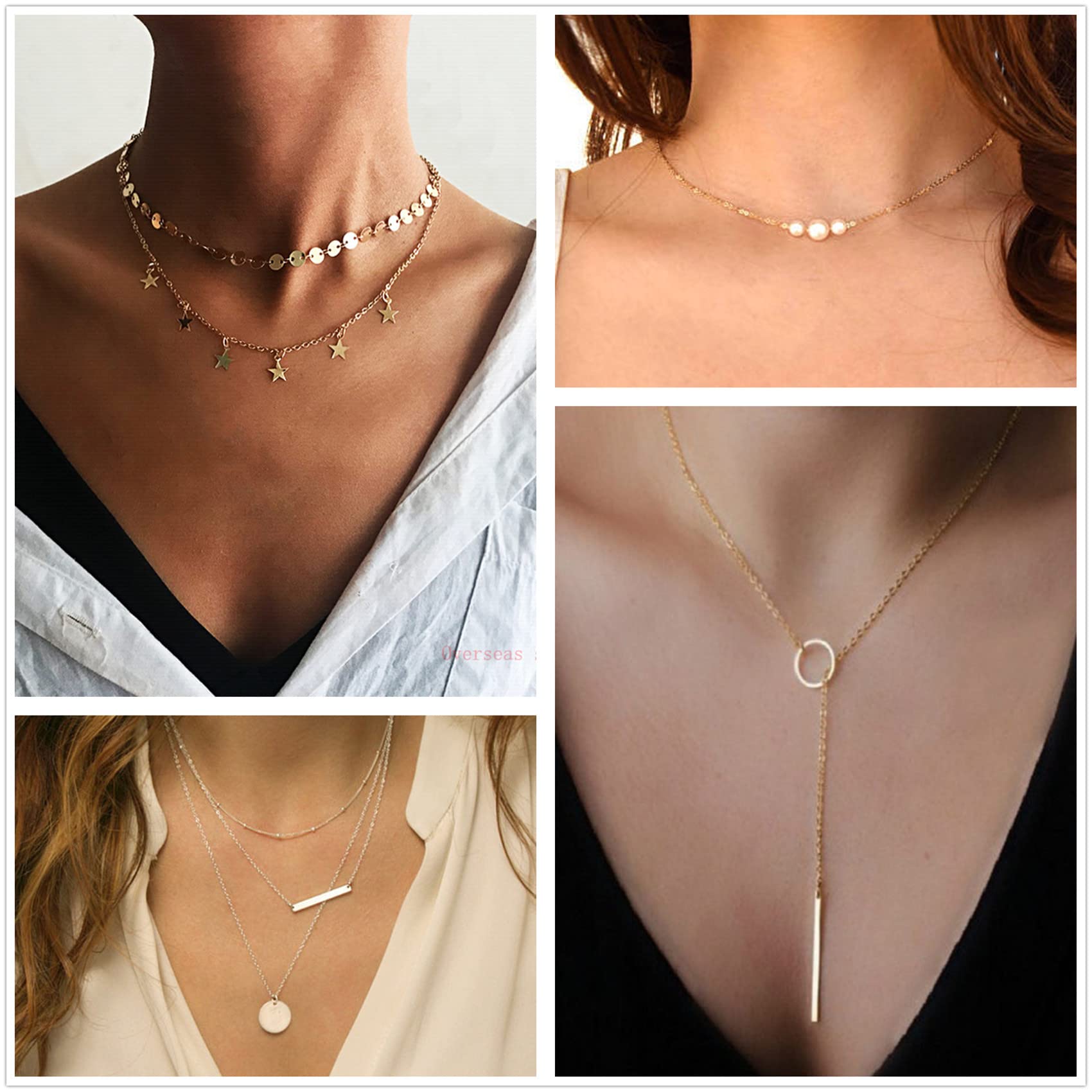 Honsny Layered Choker Necklace for Women Coin Moon Star Multilayer Choker Necklaces Charm Tiered Choker Chain Gold Necklace Set Adjustable Silver Bar Pendant Y Necklace