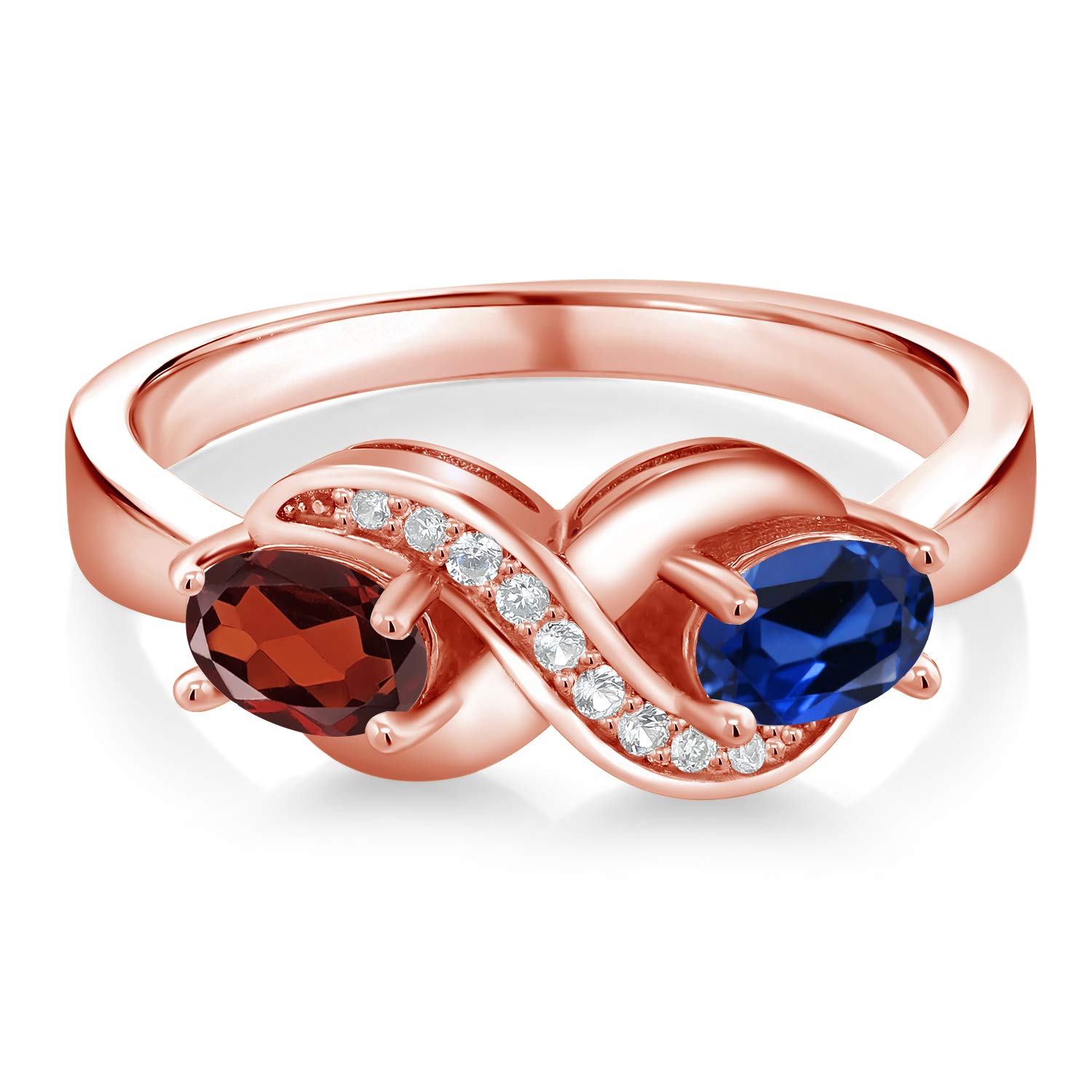 Gem Stone King 18K Rose Gold Plated Silver Personalized and Customized 2-Stone 6X4MM Oval Gemstone Birthstone and White Created Sapphire Anniversary Promise Ring For Women (Size 9)