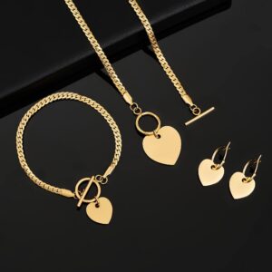 CLASSYZINT Heart Pendant Necklace and Bracelet Heart Hoop Dangle Earrings 14k Gold Plated Stainless Steel Gold Jewelry Set for Women