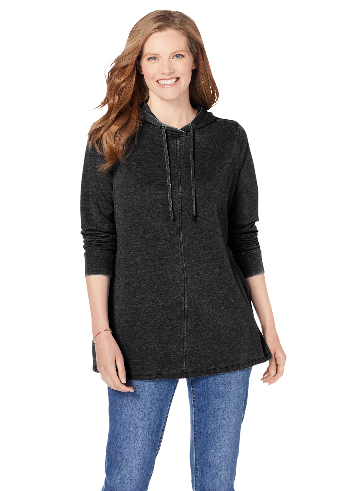 Woman Within Women's Plus Size Cloud Bliss Pleat-Back Swing Sweatshirt - 1X, Black