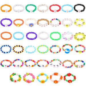 Hicarer 40 Pieces Flower Beads Rings Rainbow Colorful Rice Bead Rings Cute Handmade Smile Beaded Rings Colorful Jewelry Rings for Women