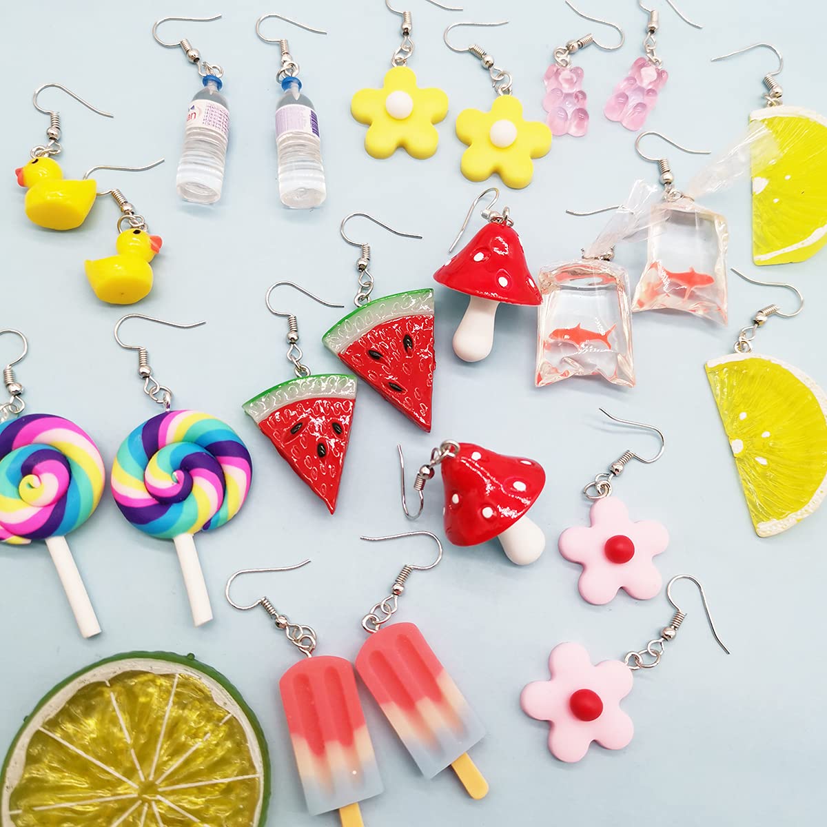 WAINIS 24 Pairs Cute Earrings Weird Earrings Funny Goldfish Earrings Water Bottle Earrings Milk Tea Dangle Earrings for Women