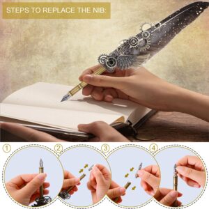 NC Feather Quill Pen Set - Includes 5 Ink Bottles, 6 Nibs, Mechanical Quill Pen for Calligraphy, Writing Letters, Signing, Invitations Etc (Grey)