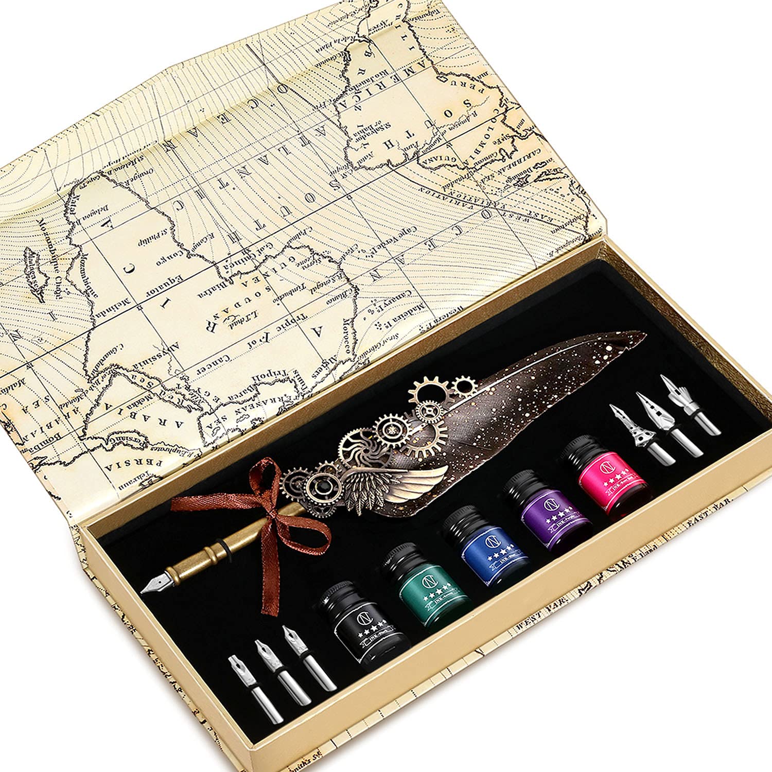 NC Feather Quill Pen Set - Includes 5 Ink Bottles, 6 Nibs, Mechanical Quill Pen for Calligraphy, Writing Letters, Signing, Invitations Etc (Grey)