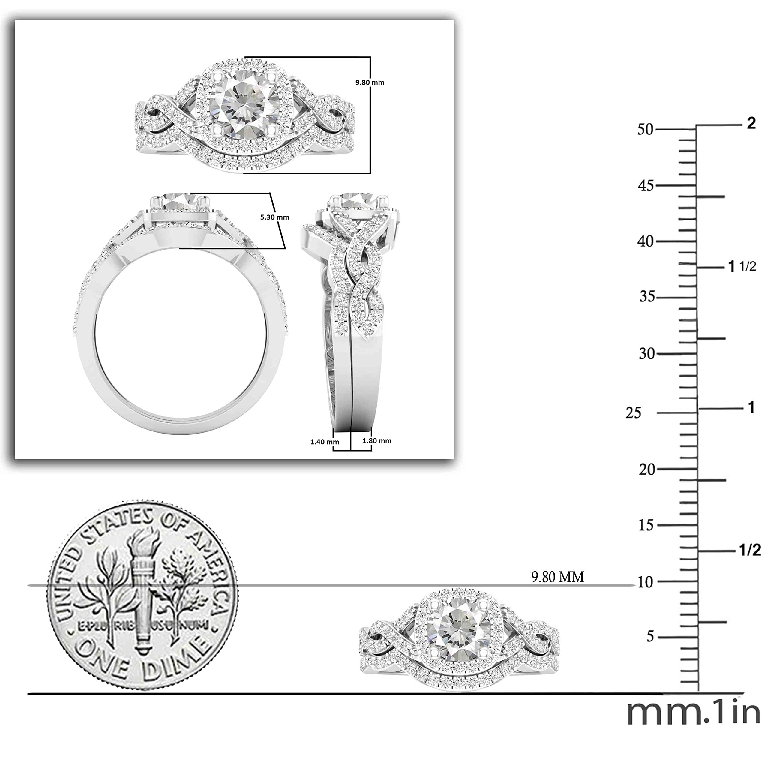 Dazzlingrock Collection 5.8 mm Round Lab Created White Sapphire & Natural White Diamond Women Twisted Style Halo Wedding Ring Set, Sterling Silver, Size 7