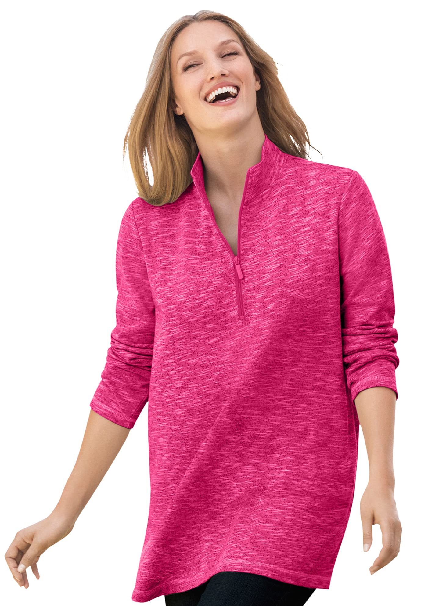 Woman Within Women's Plus Size French Terry Quarter-Zip Sweatshirt - 14/16, Raspberry Sorbet Marled