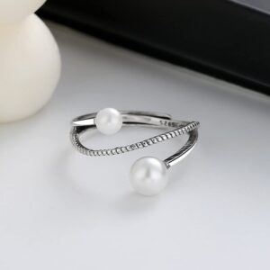 Elegant Double Pearls Open Stacking Rings Sterling Silver 925 Vintage Layered Statement Ring Antique Engagement Wedding Ring Thin Finger Band Toe Ring Fashion Jewelry Gifts for Women