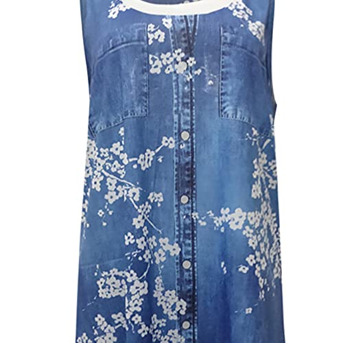 Womens Summer Dress Sleeveless Floral Loose Denim Printed Tank Dress for Women Juniors Casual Flowy Loose Sundress