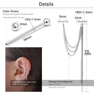 Dyknasz 14G Stainless Steel Industrial Earrings with Chain Dangle Industrial Piercing Jewelry Cartilage Earring Industrial Barbell for Women Men 38mm 1&1/2 Inch