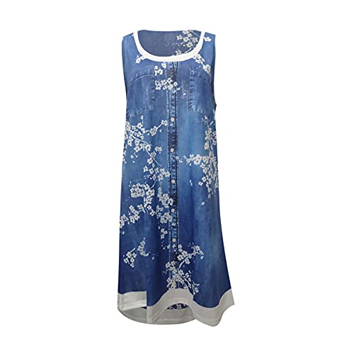 Womens Summer Dress Sleeveless Floral Loose Denim Printed Tank Dress for Women Juniors Casual Flowy Loose Sundress