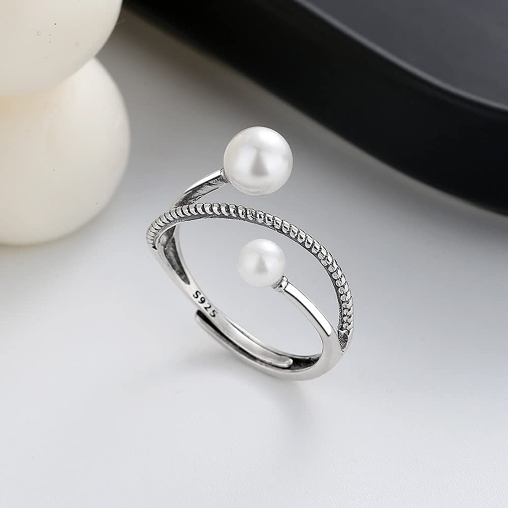 Elegant Double Pearls Open Stacking Rings Sterling Silver 925 Vintage Layered Statement Ring Antique Engagement Wedding Ring Thin Finger Band Toe Ring Fashion Jewelry Gifts for Women