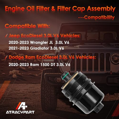 Engine Oil Filter, Compatible With 2020-2023 Jeep Wrangler JL, 2021-2023 Jeep Gladiator, 2020-2023 Ram 1500 DT 3.0L V6 EcoDiesel, Replaces# 68507598AA, 68498720AA