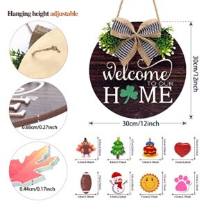 Interchangeable Welcome Sign Wreaths for Front Door - Seasonal Round Wood Door Sign, Farmhouse, Porch Wall Outdoor Hanging for Thanksgiving, Halloween, Christmas，Fall New Home Housewarming Gift Ideas