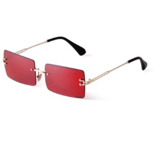 ade wu rimless rectangle sunglasses for women men,trendy fashion sheer pink,blue lens frameless glasses (red)