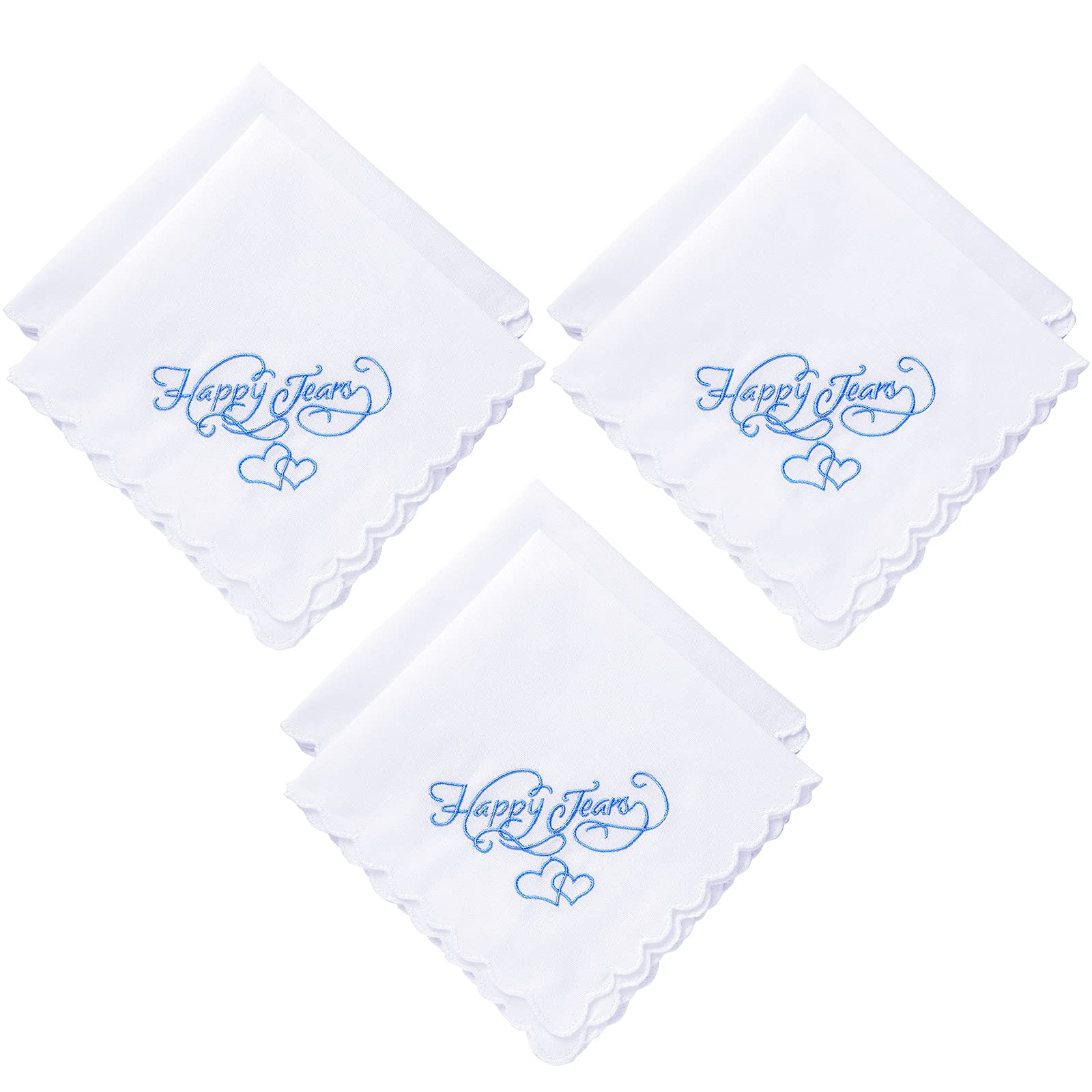 Embroidered Wedding Handkerchiefs Happy Tears Wedding Handkerchiefs with Scallop Lace Edges for Wedding Day Bride (6 Pieces) White, Blue